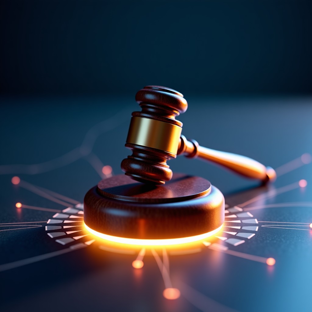 A gavel resting on a glowing holographic interface representing digital code and artificial intelligence, professional photography, dramatic lighting, 16:9