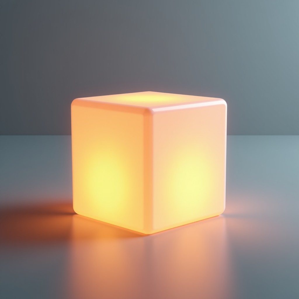 A complex geometric cube structure glowing in a minimalist studio setting, representing balanced technology and secure systems, 4:3
