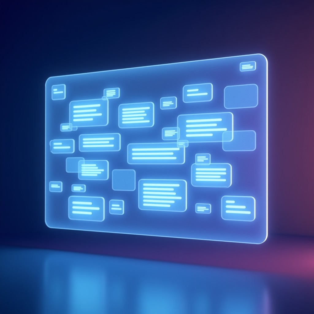 A conceptual representation of digital text streams floating on a screen, clean modern interface design, soft blue and purple lighting, 4:3 aspect ratio