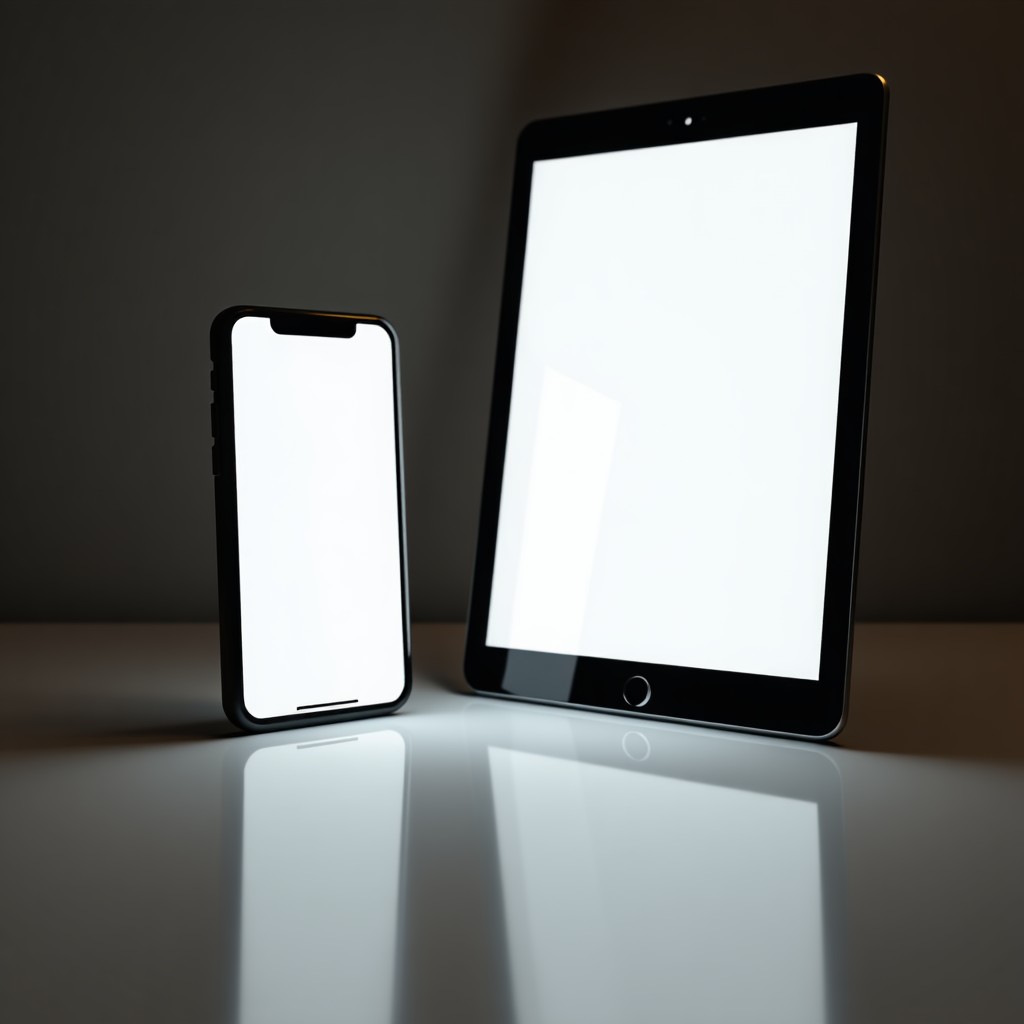 A split screen showing different shopping applications on a smartphone and tablet, high contrast, minimalist desk setup, 4:3 aspect ratio