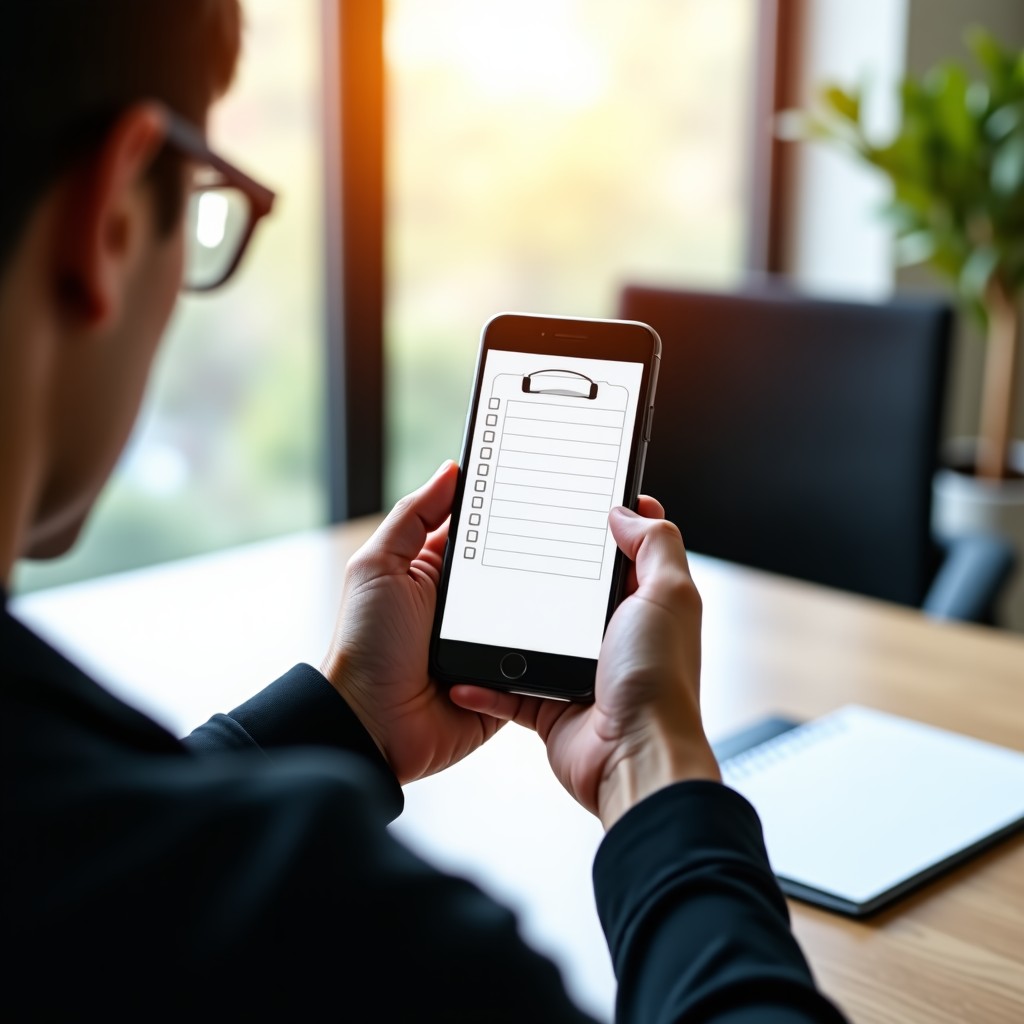 A person holding a smartphone showing a checklist, calm and organized atmosphere, soft sunlight, professional photography, 4:3 aspect ratio