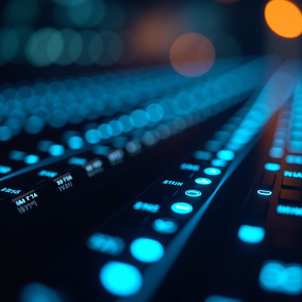 Close up of a network device, glowing status lights, dark background with futuristic aesthetic, focused composition, sharp details, 4:3