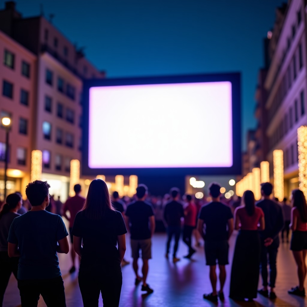 A group of people watching a large outdoor LED screen in a city plaza, vibrant city night life, high quality photography, 4:3