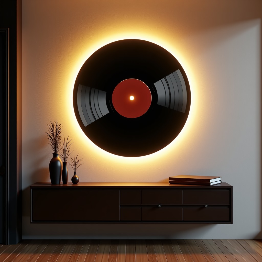 Modern interior with a unique LP record shaped mirror on a textured wall, warm soft lighting, cinematic atmosphere, 4:3
