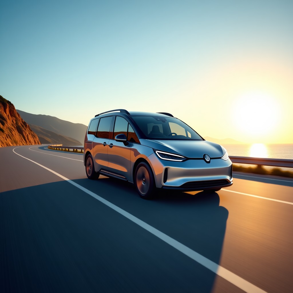 A modern electric passenger van driving on a scenic coastal road during a bright sunny day, sleek design, high resolution, professional automotive photography, 4:3