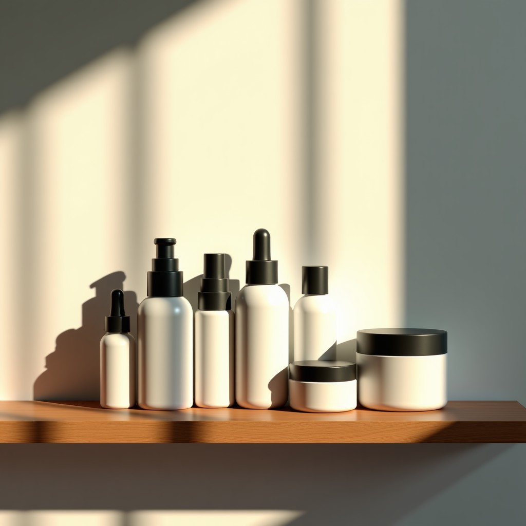 A collection of various skincare bottles and creams arranged neatly on a modern wooden shelf with soft morning sunlight, cinematic lighting, shallow depth of field, 4:3