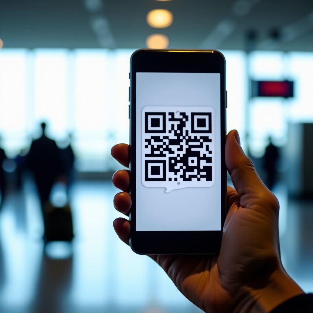 A close-up of a smartphone screen displaying a digital QR code for travel, blurred airport terminal background, soft focus, 4:3
