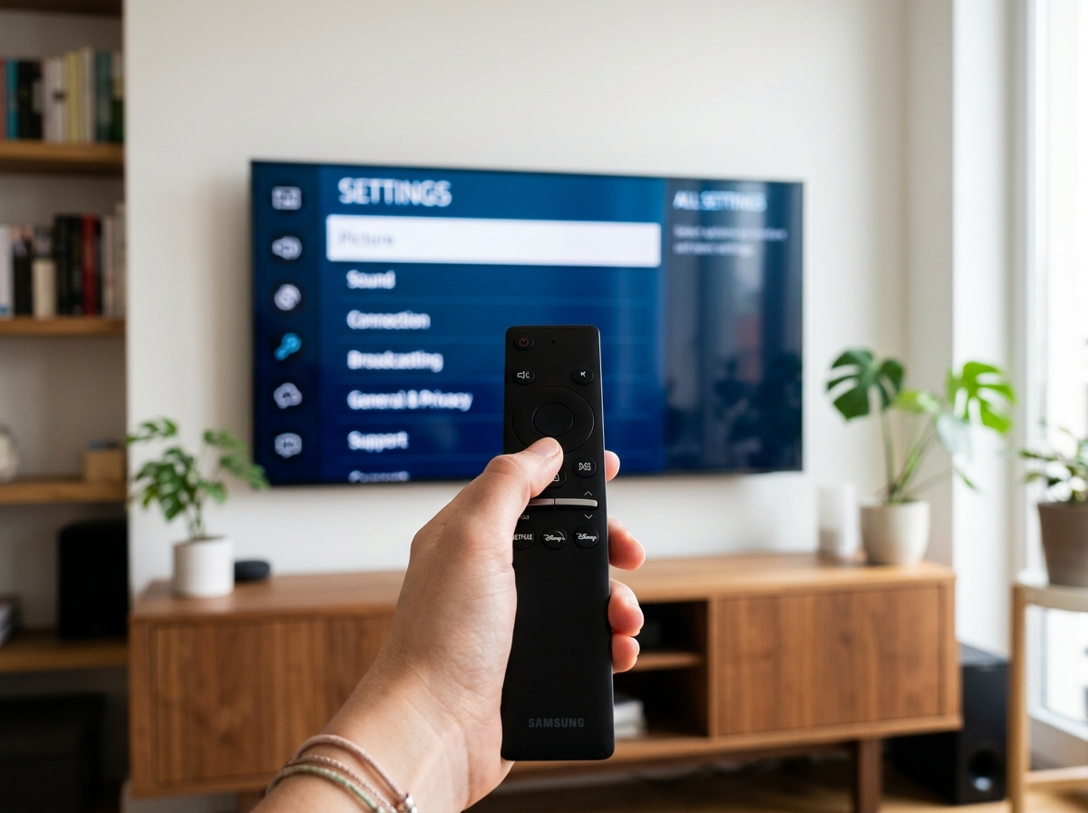 스마트 TV 리모컨으로 설정을 조정하는 장면