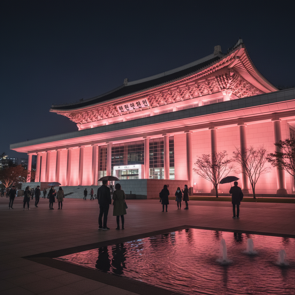 핑크빛 조명이 화려하게 비치는 국립중앙박물관 외벽 전경