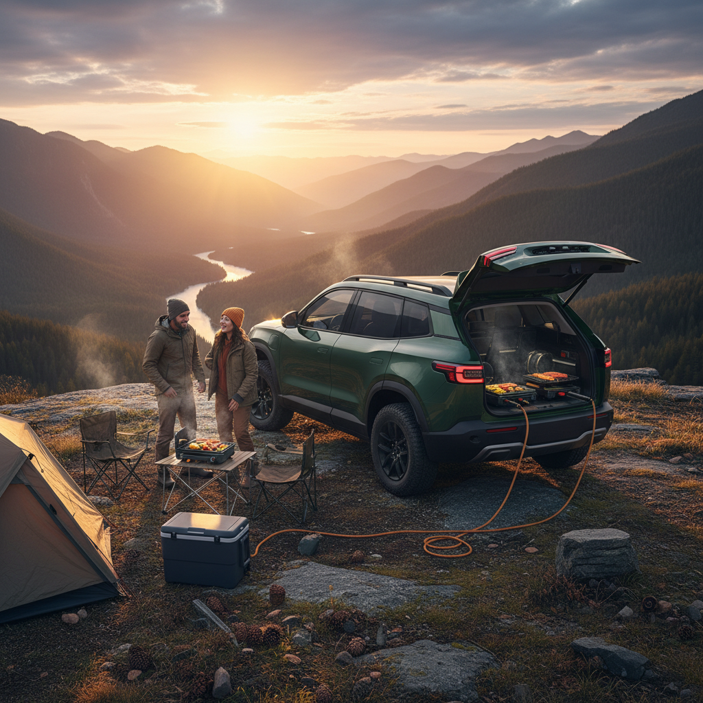 야외 캠핑장에서 V2L 기능을 활용하는 모습