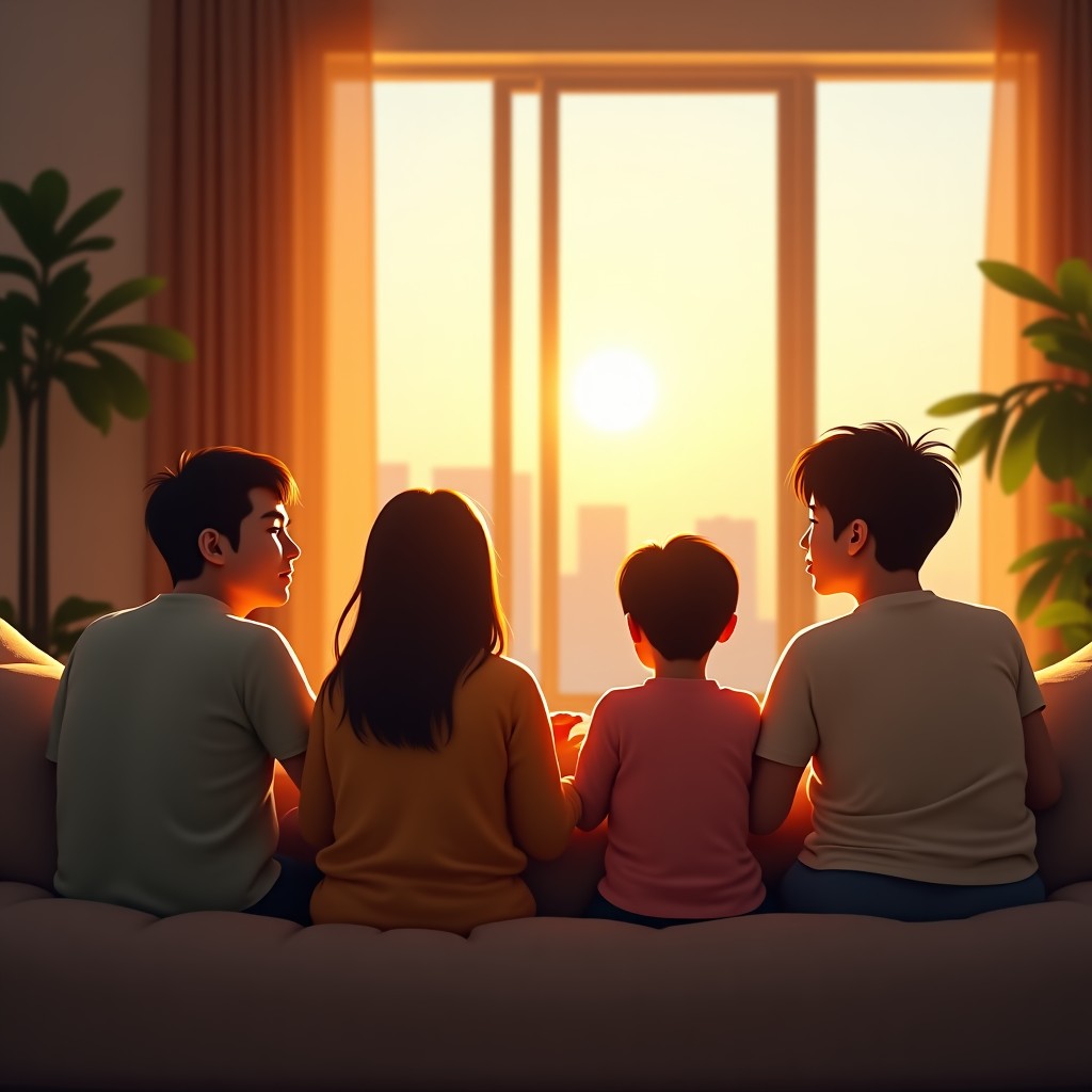 A warm lifestyle photography of a Korean family sitting together in a bright living room, engaged in conversation without any digital devices, warm sunset lighting, natural setting, 4:3