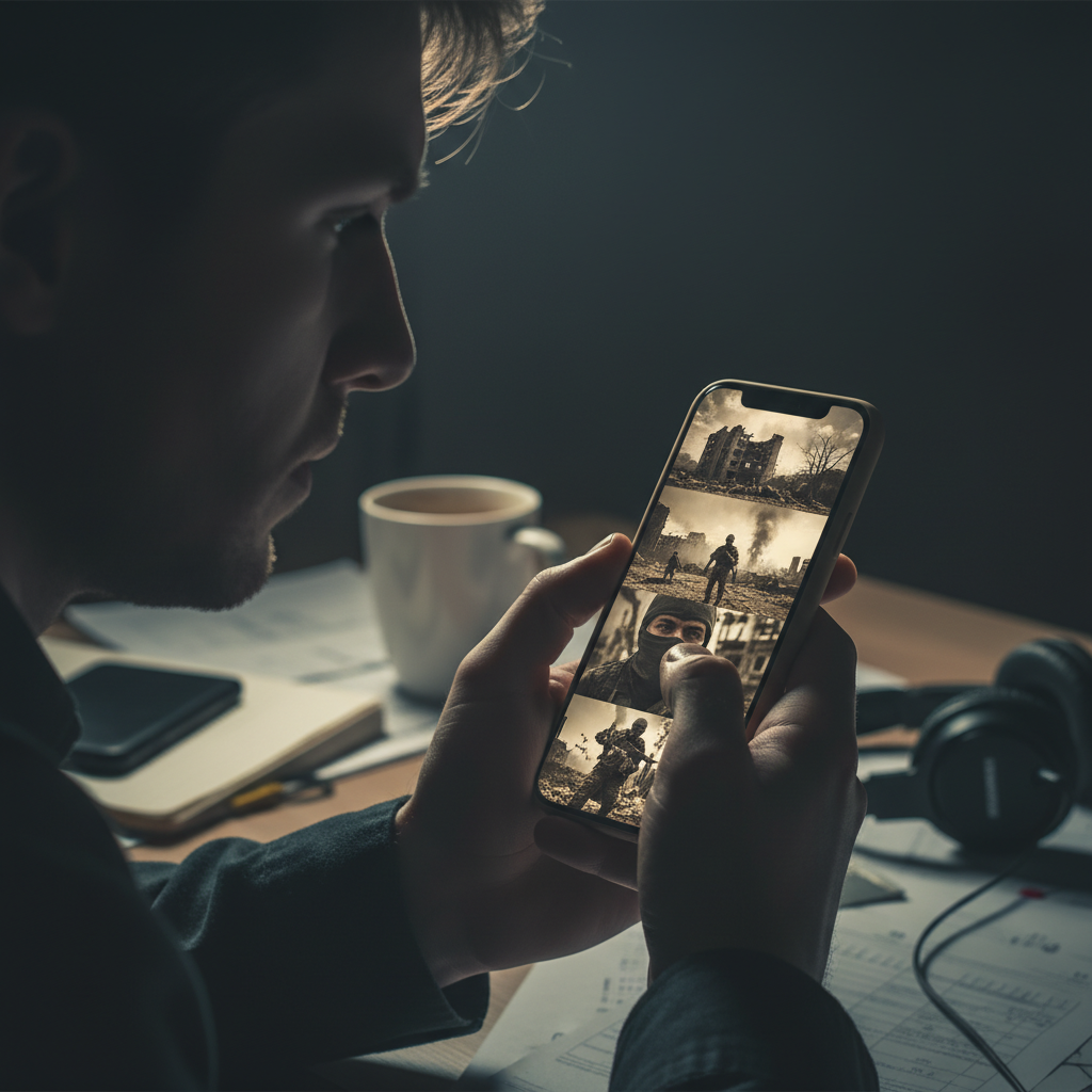 가짜 전쟁 영상이 떠다니는 스마트폰 화면