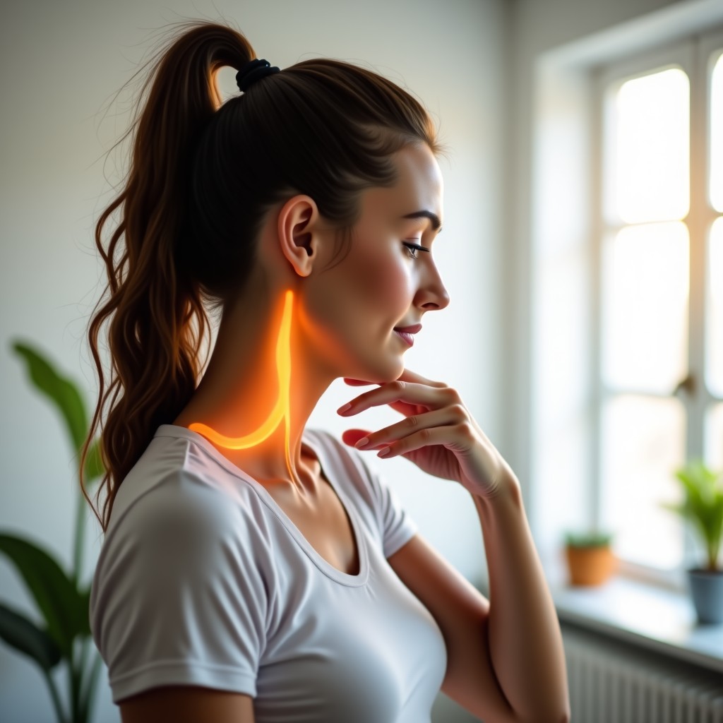 A professional photography of a person gently touching their front neck area in a bright living room, focusing on the thyroid location. The atmosphere is calm and health-oriented. High quality, realistic style, 4:3