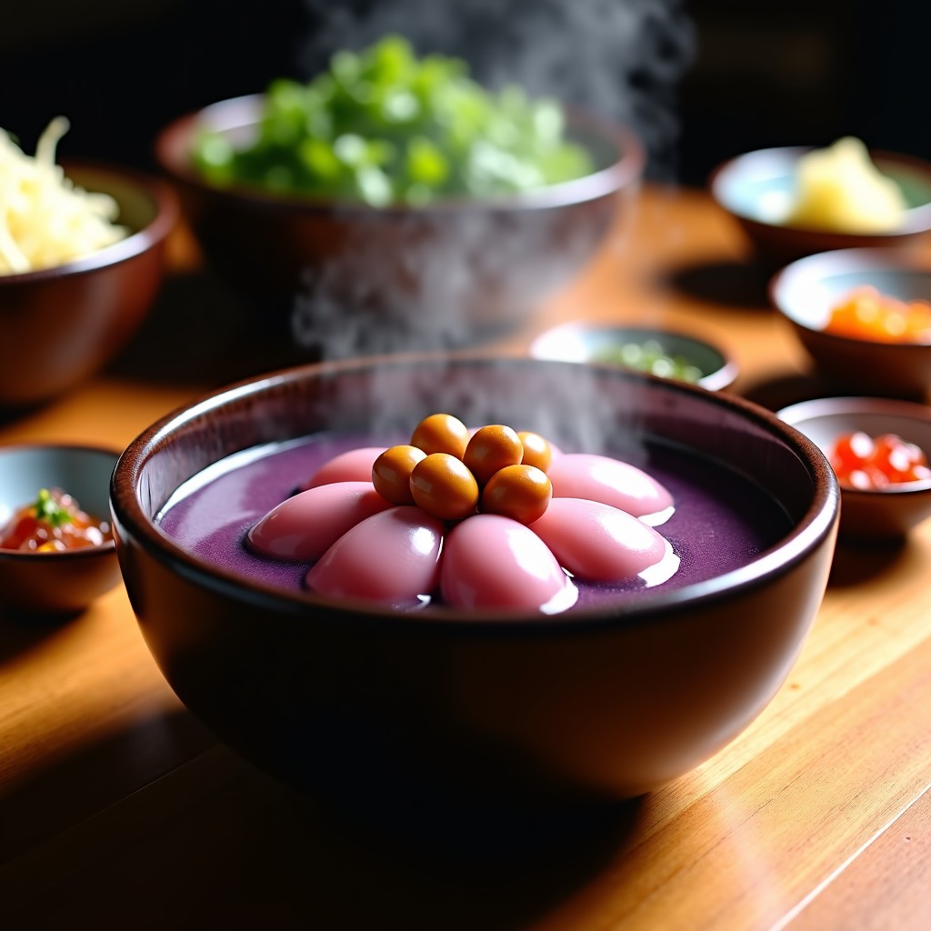 A bowl of steaming hot purple-tinted Ogokbap decorated with chestnuts and jujubes, served on a traditional Korean table with various seasoned vegetables, warm and inviting lighting. 1:1