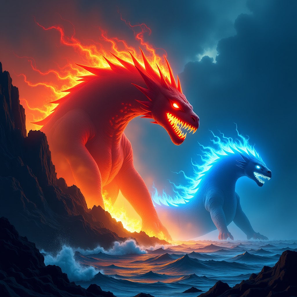 An epic artistic rendering of a massive red creature rising from a volcano and a blue creature emerging from the deep ocean, glowing ancient symbols, high contrast, dramatic lighting, textured background, 4:3