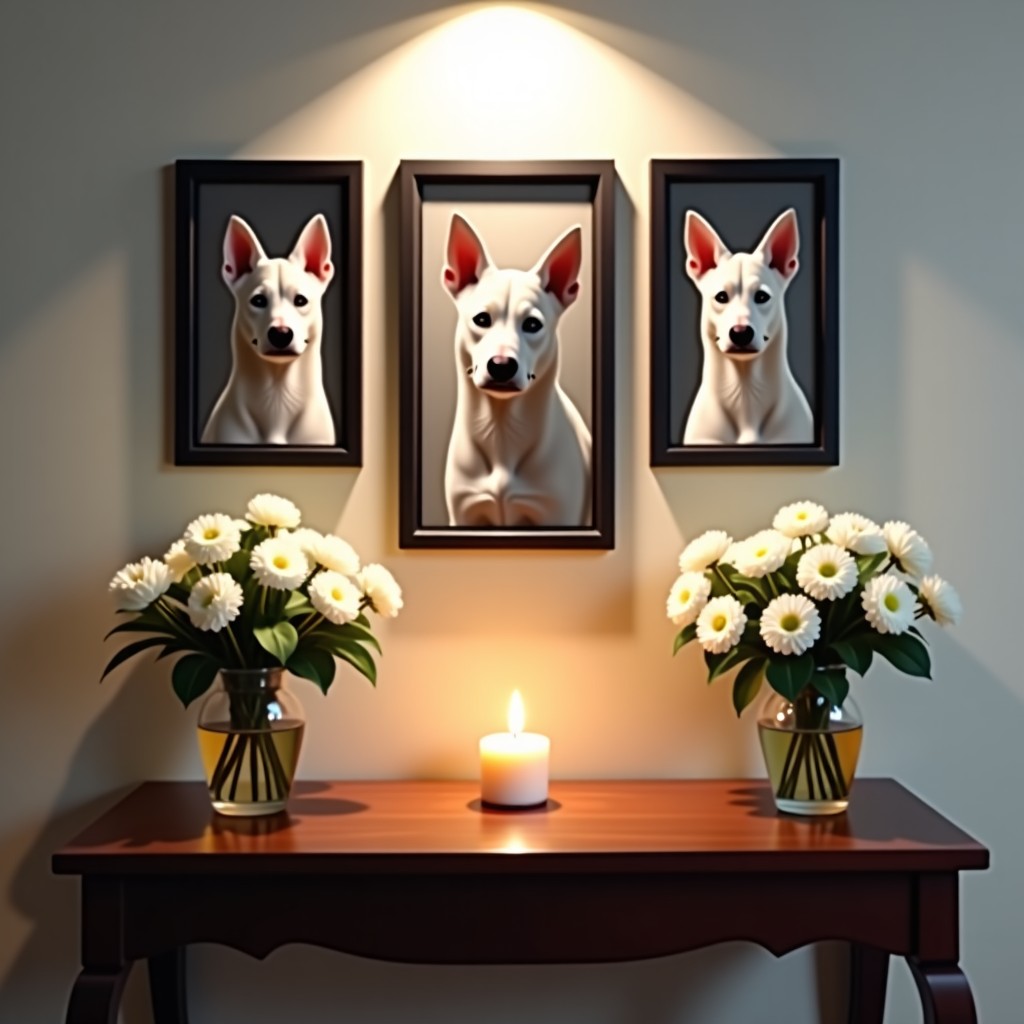 A small memorial space for a pet with framed photos of a white dog, white flowers, and a small candle on a wooden table. High contrast, respectful atmosphere. 4:3