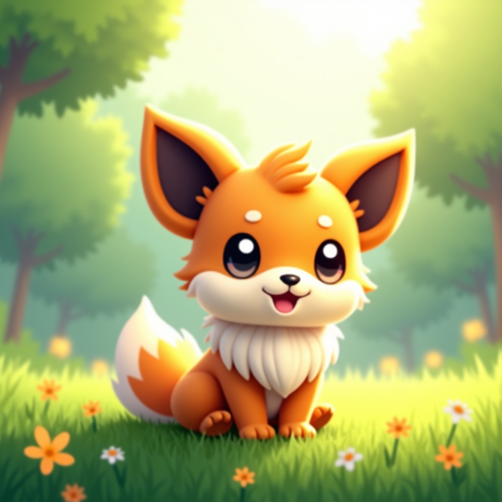 A cute small puppy-like pokemon with fluffy fur and friendly eyes sitting on a green meadow, soft sunlight, high detail, 4:3