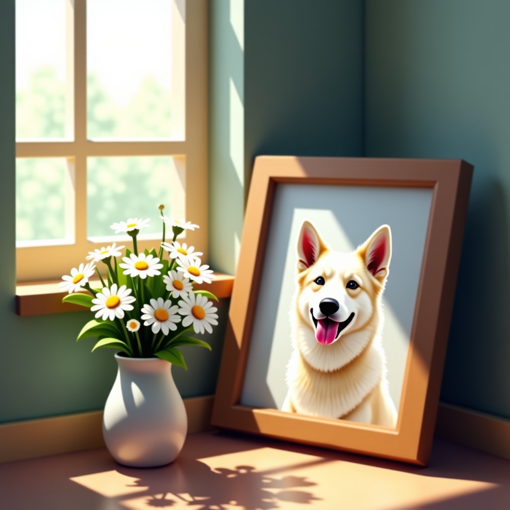A small memorial space for a pet with a bouquet of white flowers and a framed photo of a white dog. Soft natural light coming from a window. Calm and respectful atmosphere, 4:3