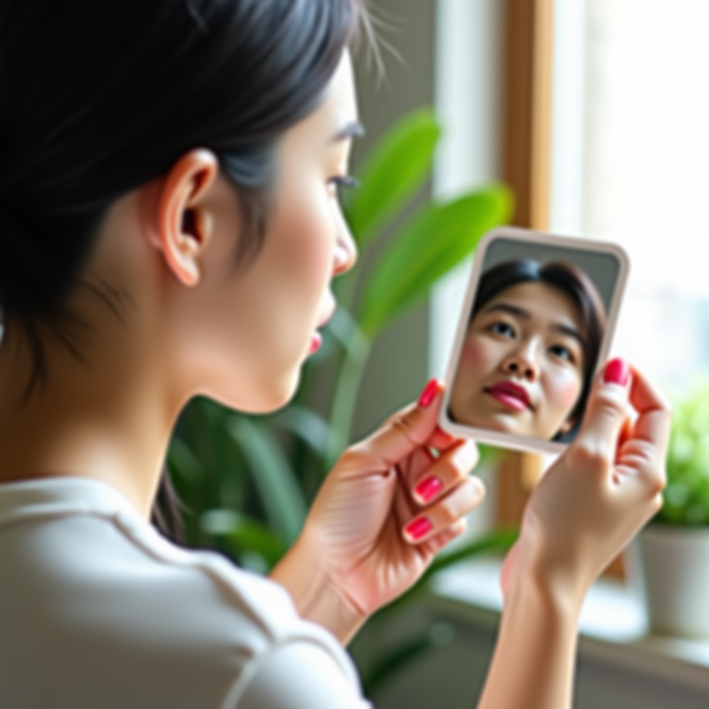 A Korean woman applying lip balm looking into a small handheld mirror, natural daylight from a window, soft focus background, cozy atmosphere, 4:3