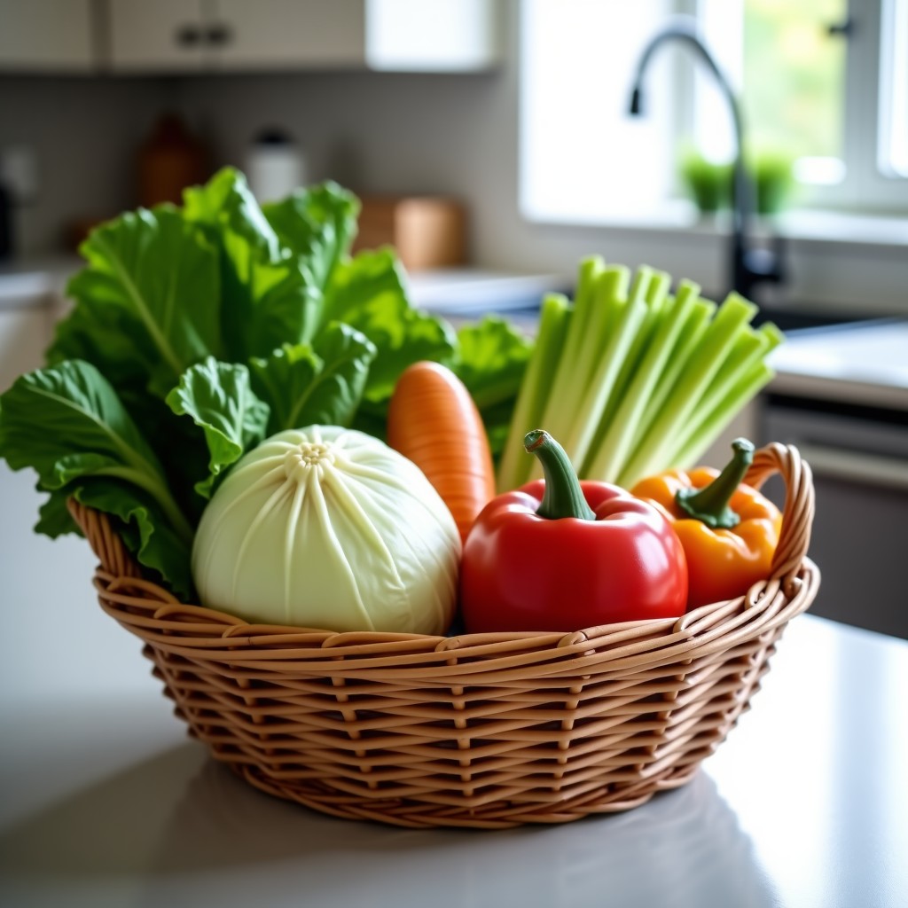 A basket filled with fresh cabbage and vegetables on a kitchen counter, bright and clean composition, professional food photography, 4:3 aspect ratio.