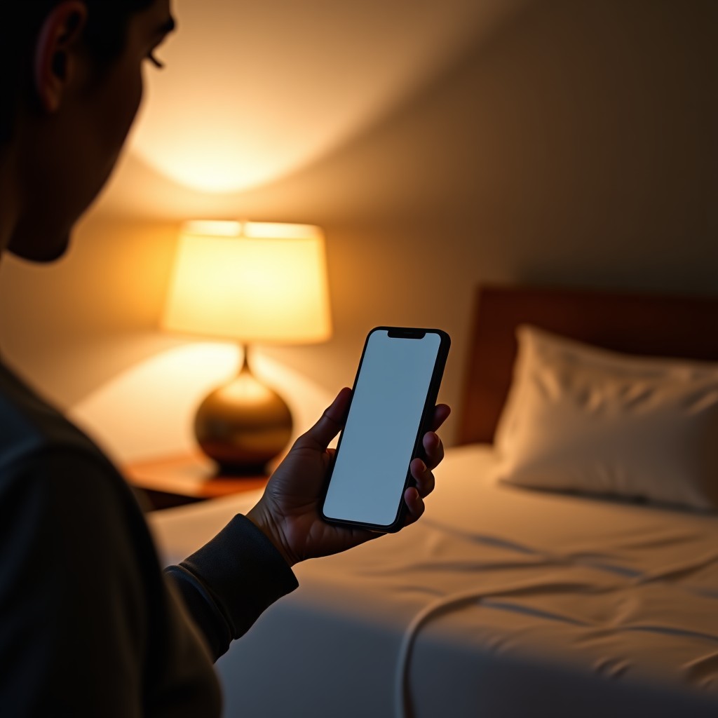 A serene bedroom setting with a person putting away a smartphone, soft warm lighting, calm atmosphere, professional lifestyle photography, 4:3 aspect ratio
