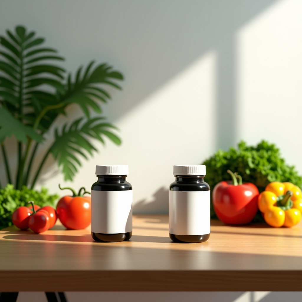 A wooden table with healthy food, fresh vegetables, and nutritional supplement bottles, soft natural lighting, high contrast, clean layout, 4:3