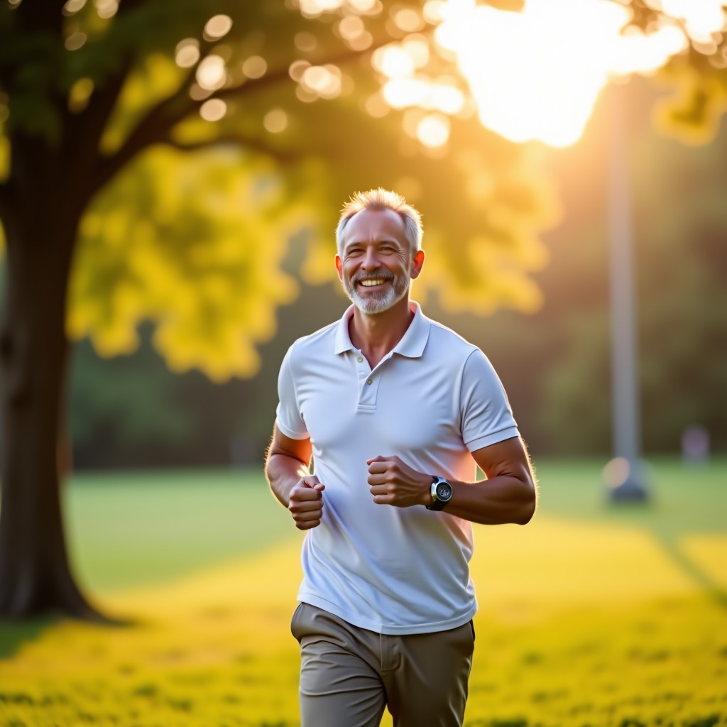 A close up of a healthy person walking comfortably in a park, blurred nature background, morning soft light, vibrant and optimistic atmosphere, 4:3 ratio.