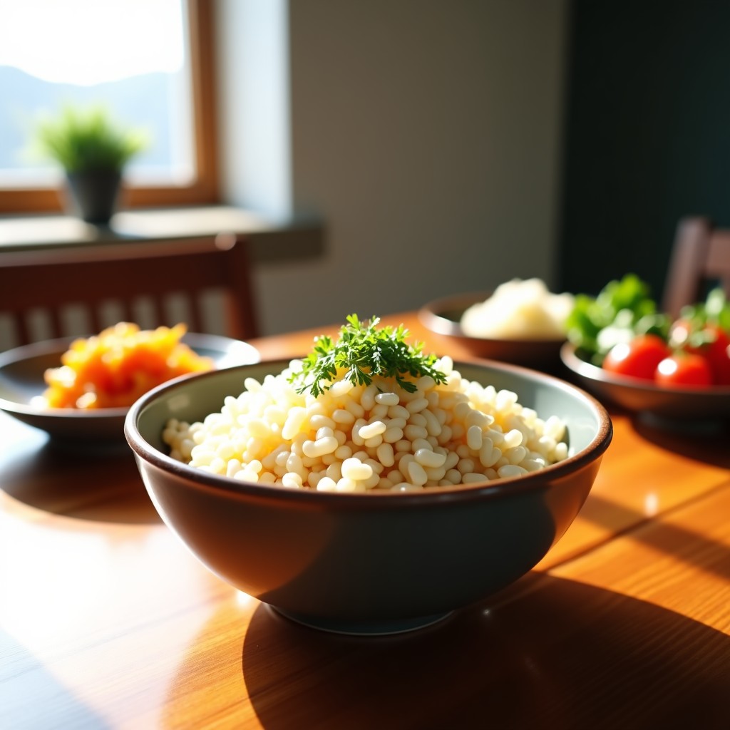 A high-quality lifestyle photograph of a traditional Korean dining table with a bowl of multi-grain rice and various healthy side dishes like tofu, seaweed, and vegetables. Warm, natural sunlight through a window, clean and modern kitchen background. No text. 4:3