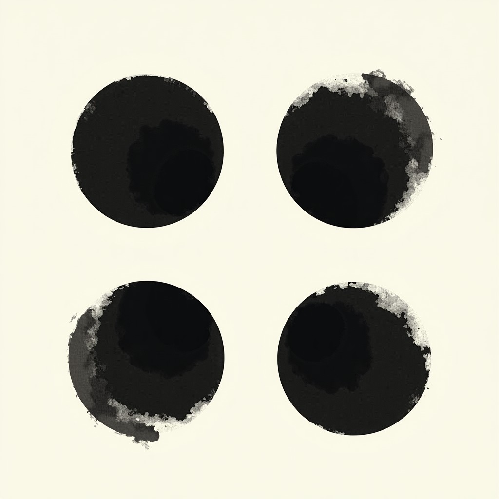 Detailed artistic rendering of the four black trigrams (Geon, Gon, Gam, Ri) of the Korean flag. Each trigram is textured like traditional ink wash painting on hanji paper. Minimalist and elegant composition. 4:3