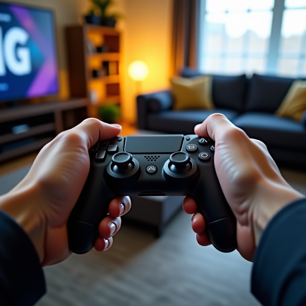 Close up shot of hands holding a modern game controller, soft natural lighting, a cozy living room background, realistic style, 4:3 aspect ratio.