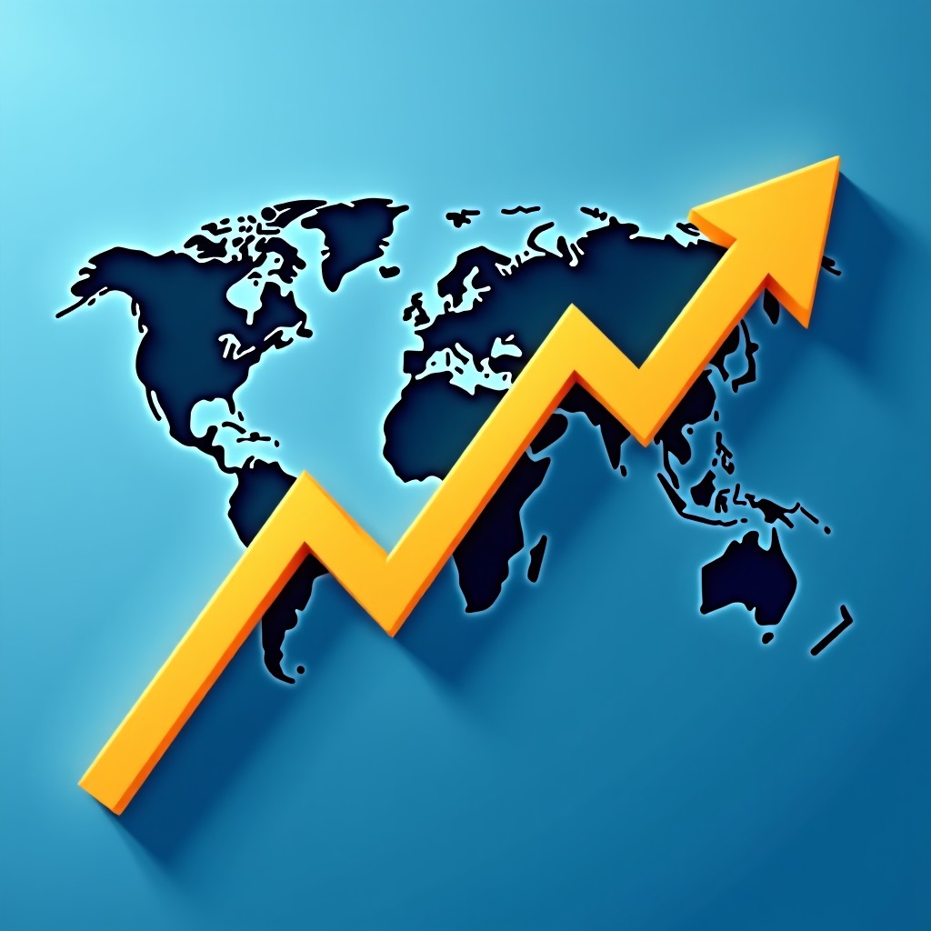 A clean infographic-style illustration of a rising golden economic trend line over a blue world map background, modern flat design, 4:3
