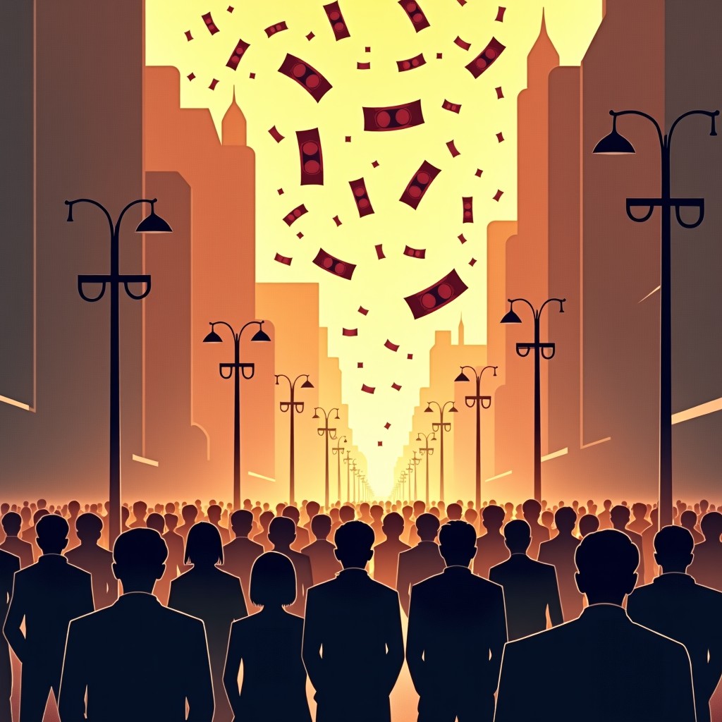 Illustration of a crowd of people in a middle eastern street, symbolic representation of falling currency notes and rising price charts in the background, textured artistic rendering, 1:1