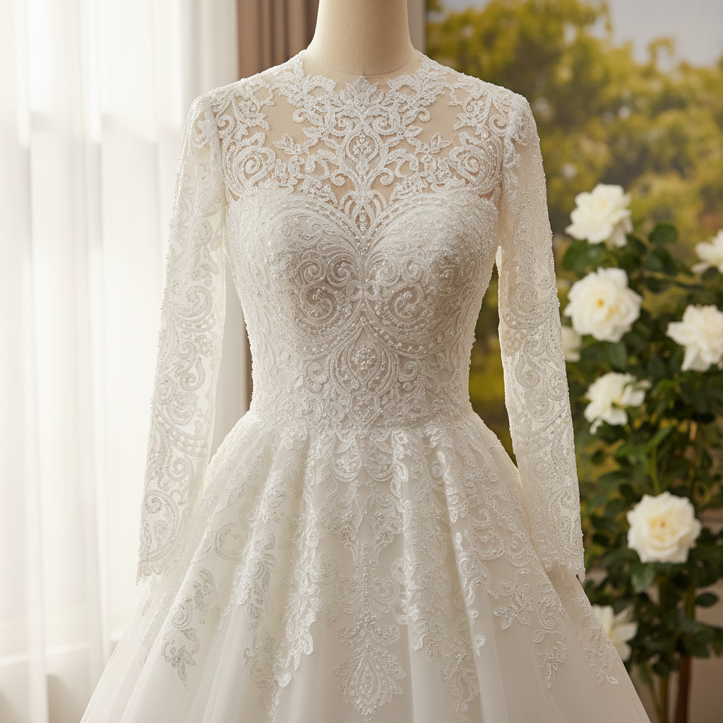 고급스러운 레이스 디테일이 돋보이는 화이트 웨딩드레스