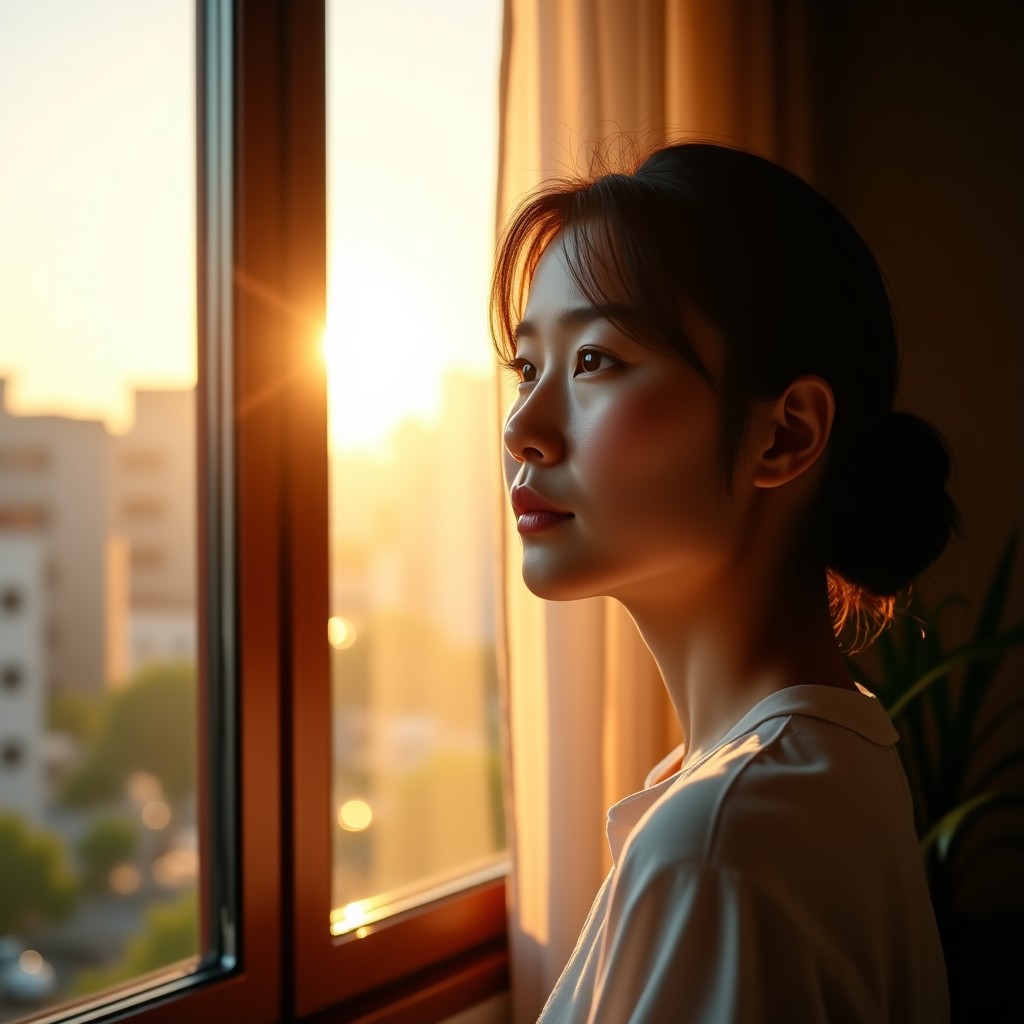A Korean woman with a thoughtful expression looking out of a window in a cozy room. She looks reflective and calm. Soft evening sunlight, cinematic lighting, realistic digital photography. 4:3