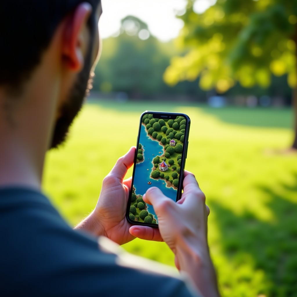 A close up shots from behind of a person holding a modern smartphone showing a colorful game map, standing in a lush green park with trees, soft sunlight filtering through leaves, 4:3