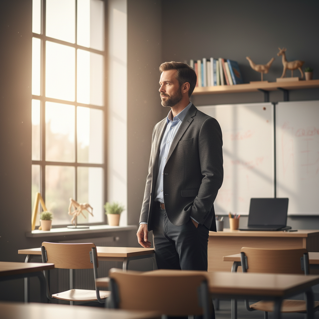 교실 창밖을 내다보는 고민에 빠진 교사