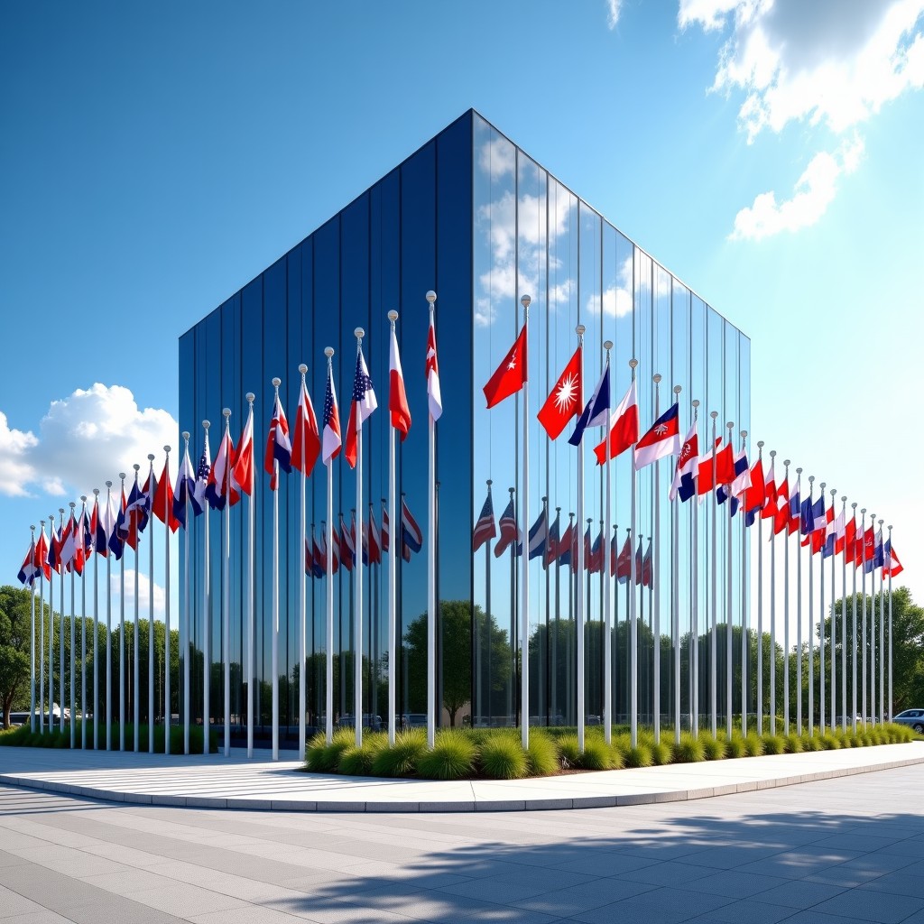 Professional architectural photography of a modern international organization building with many national flags fluttering in front, bright sunny day, wide angle view, 4:3