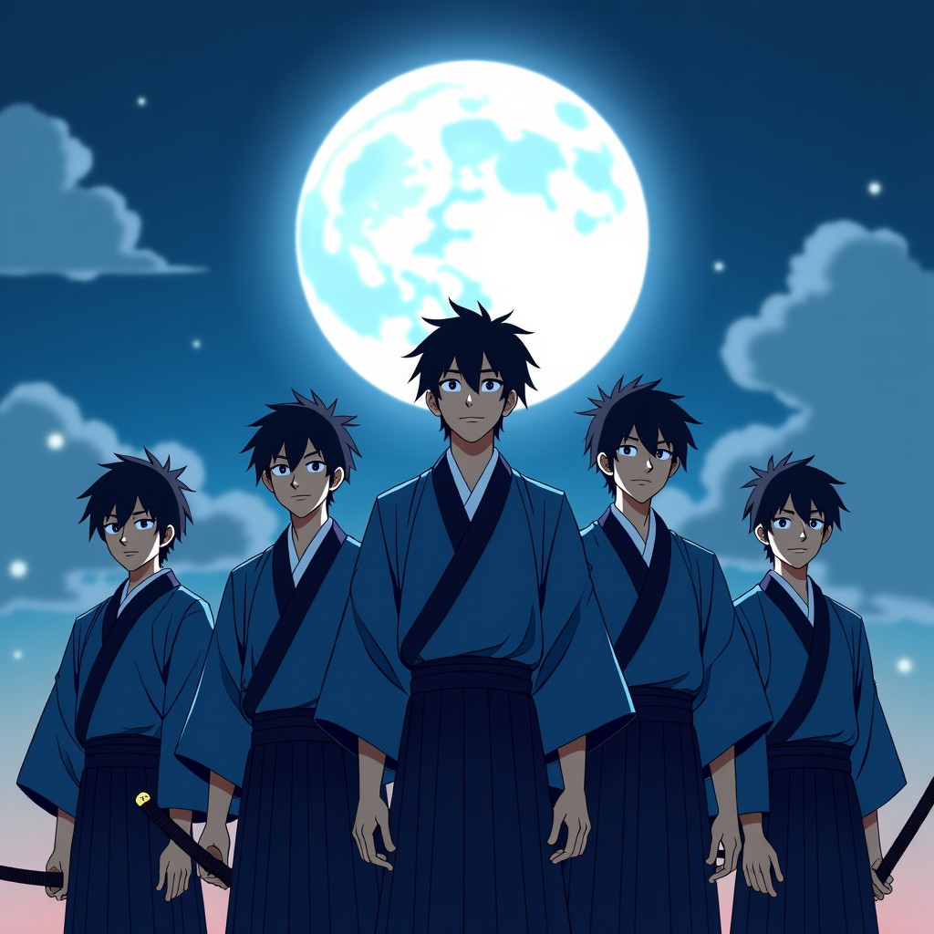 A group of young Japanese swordsmen in traditional patterned haori coats standing together under a moonlit sky. They are holding katanas with a determined expression. Cinematic lighting, ukiyo-e inspired modern anime style, high detail. 16:9