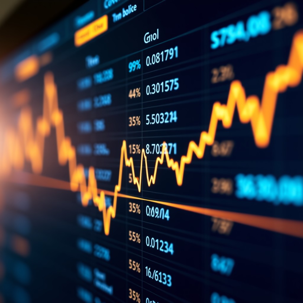A high-tech trading room screen showing rising gold and oil price charts, dark background with glowing neon lines, modern layout, high contrast, 1:1