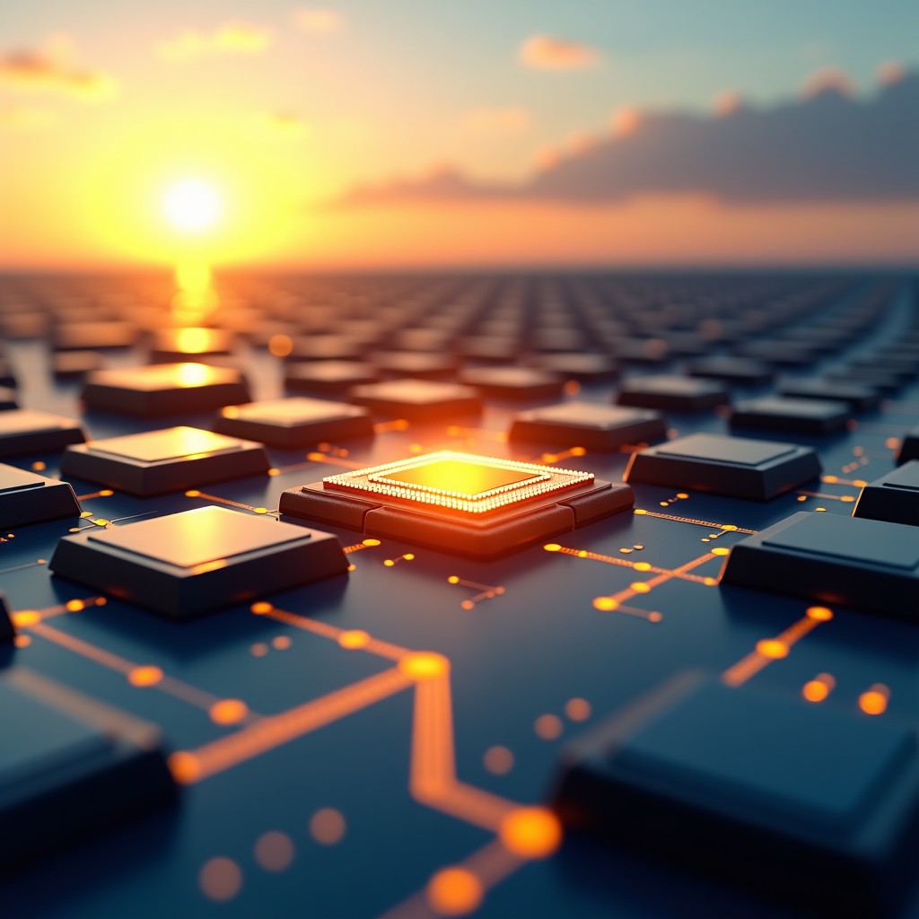 Conceptual illustration of global logistics and chip production, golden hour lighting, clean and professional style, 16:9 aspect ratio.