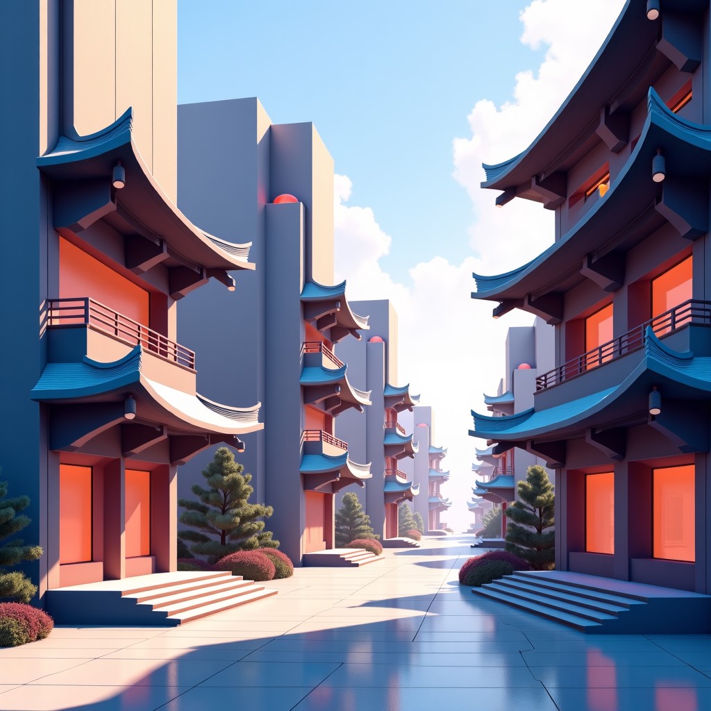 An illustration of a storytelling concept where futuristic urban architecture is decorated with traditional Korean architectural patterns, soft lighting, wide angle, 4:3
