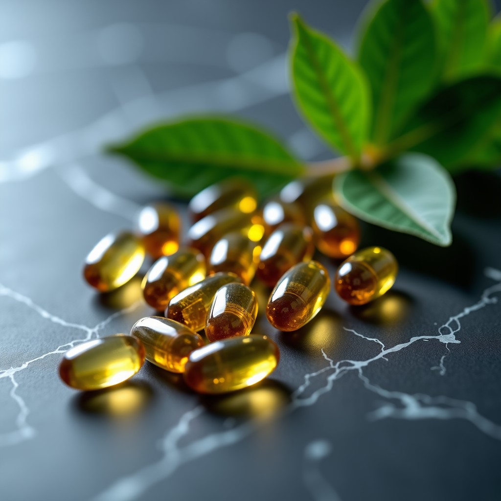 A professional close up of herbal tea leaves and magnesium supplement capsules arranged neatly on a dark marble surface, soft focus background, professional health photography, 4:3 aspect ratio