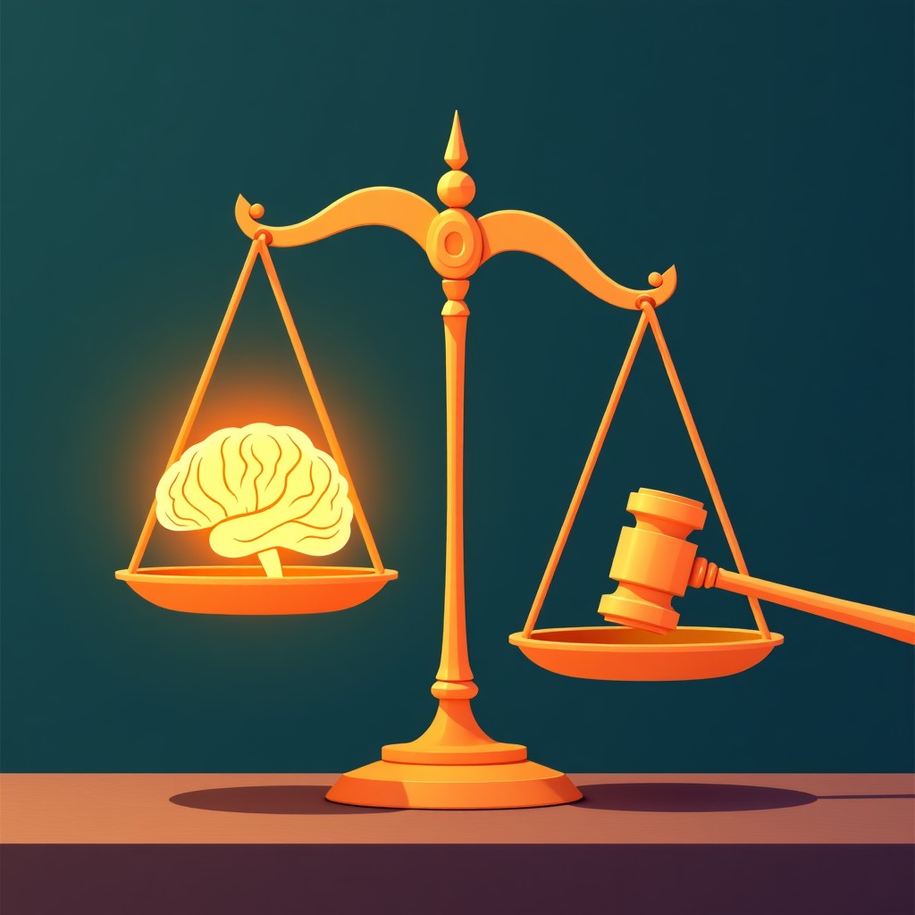 A symbolic illustration of a balance scale with a glowing brain on one side and a law gavel on the other, textured background, warm lighting, 4:3
