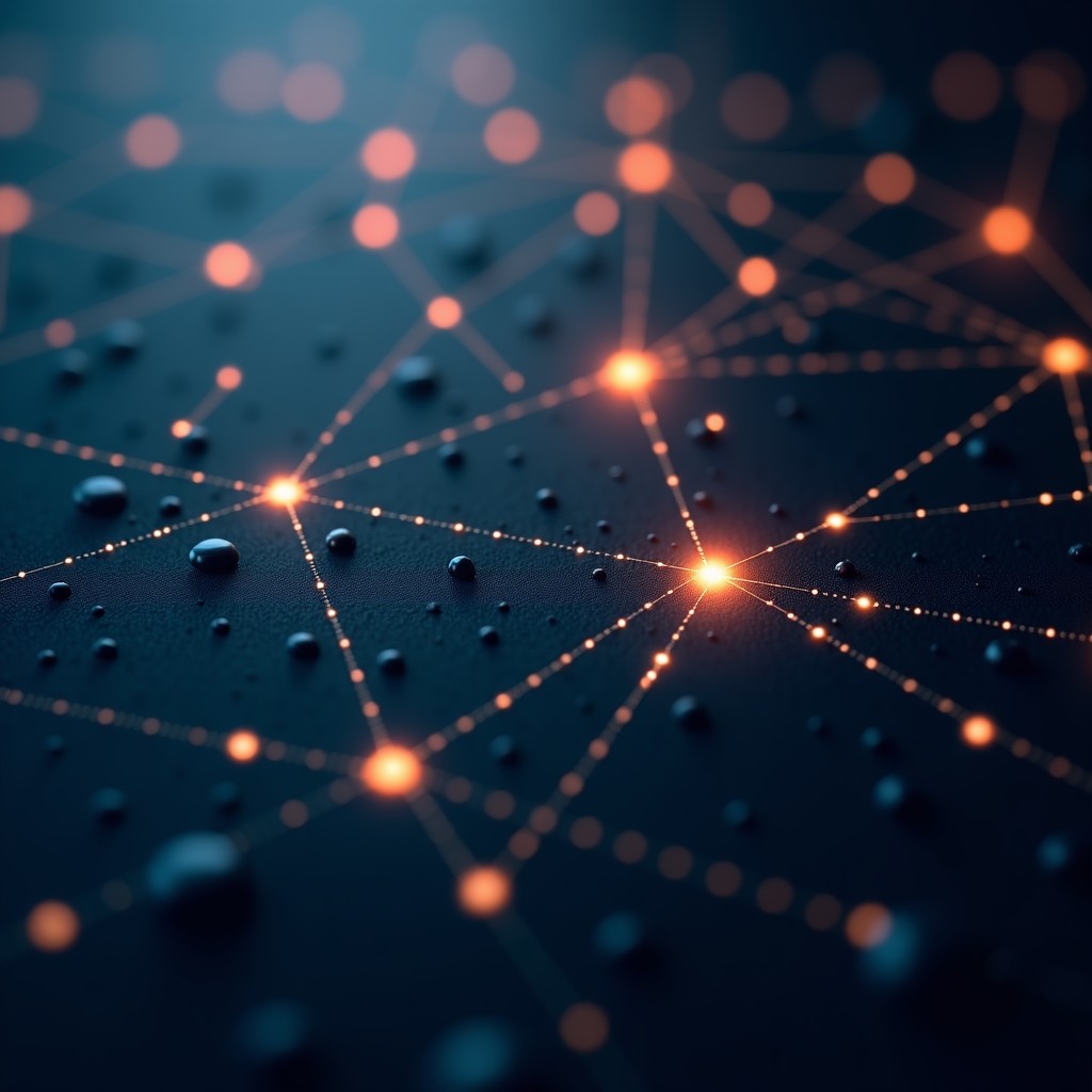 Abstract representation of ethical guidelines in technology, interconnected nodes of light on a dark textured background, cinematic composition, 4:3