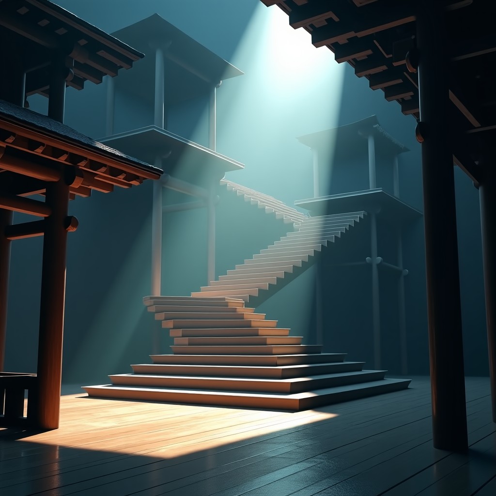 An impossible architecture of a vast Japanese castle interior with floating stairs and wooden structures. Surreal perspective, dramatic shadows, mysterious atmosphere, high-end animation style. 4:3