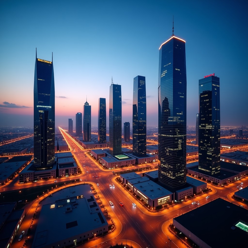 A panoramic shot of a modern business district in the Middle East at dusk with dramatic lighting, cinematic atmosphere, high resolution, 16:9 aspect ratio.
