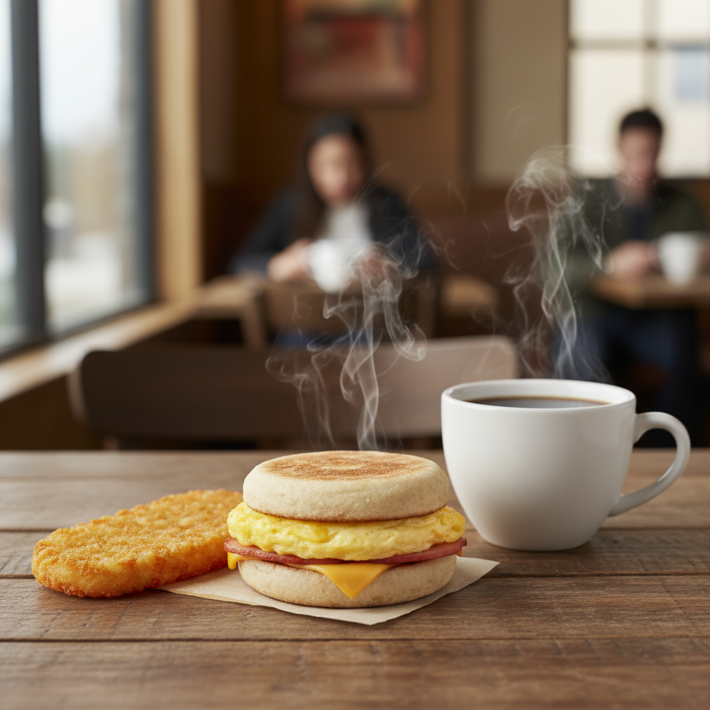 김이 모락모락 나는 맥모닝 세트와 따뜻한 커피