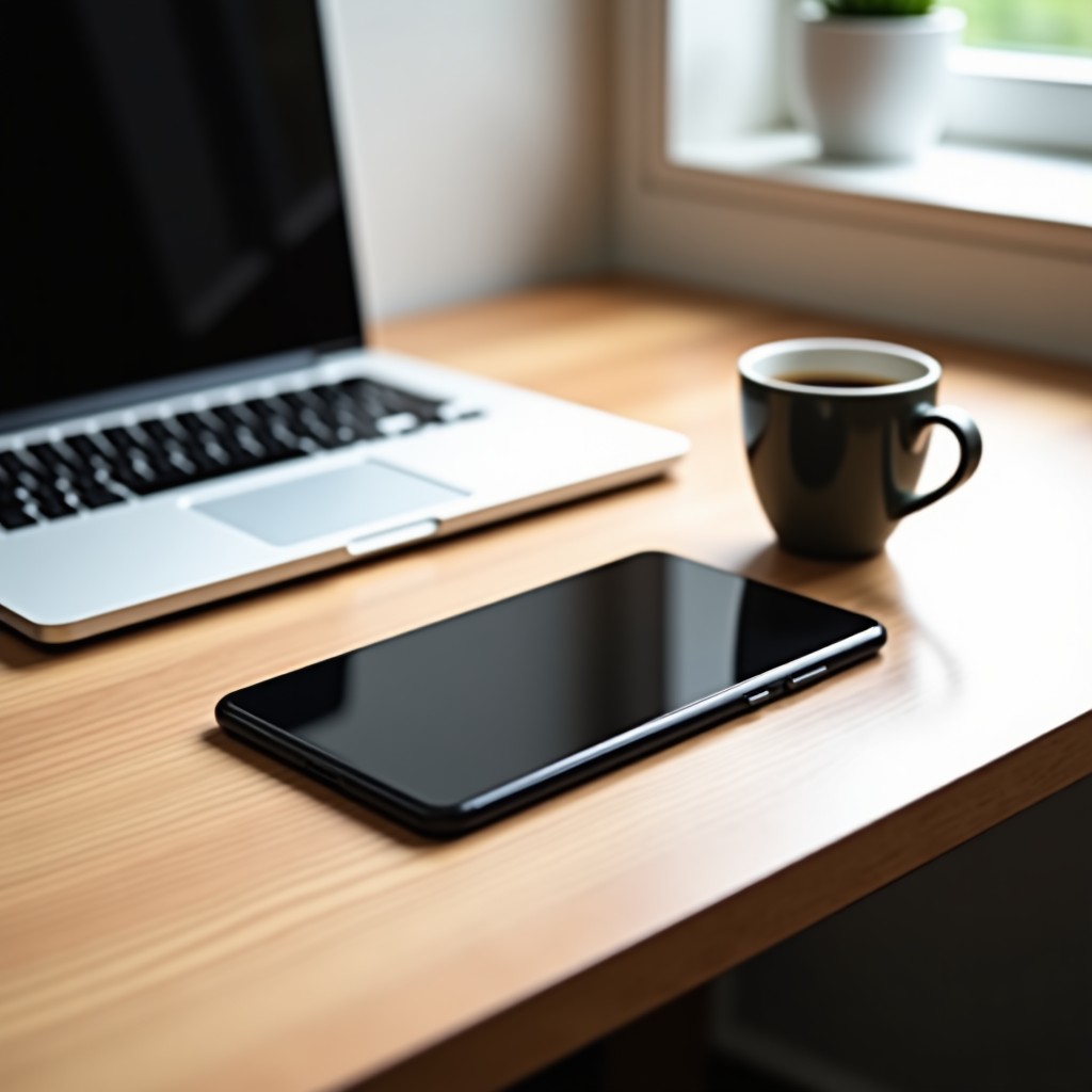 A minimalist and organized workspace with a smartphone and a tablet on a wooden desk, a cup of coffee next to them, clean and bright atmosphere, zen aesthetic, high-resolution detailed composition, 4:3