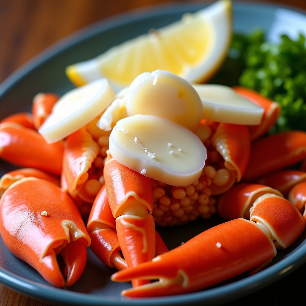 Close up of steamed Korean snow crab legs and claws with thick white meat showing high yield served on a platter natural warm lighting macro photography 4:3