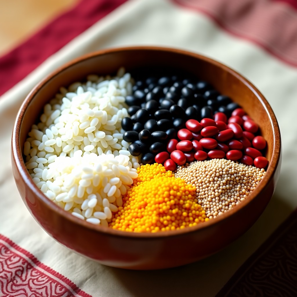 A wooden bowl filled with five different raw grains including glutinous rice, black beans, red beans, sorghum, and proso millet arranged neatly on a traditional Korean fabric, natural daylight, high quality photography. 1:1